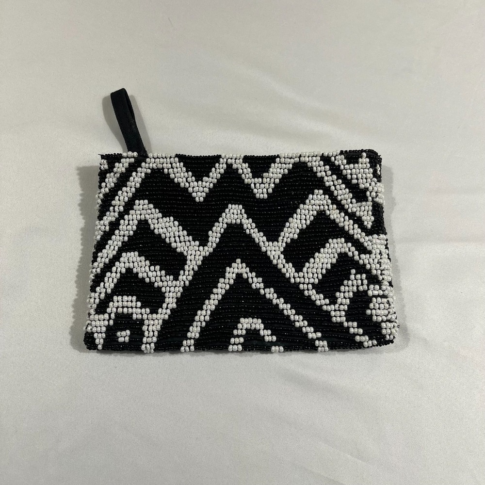 Chico's Beaded Clutch Purse Geometric Black White Small Zipper Pouch Wristlet